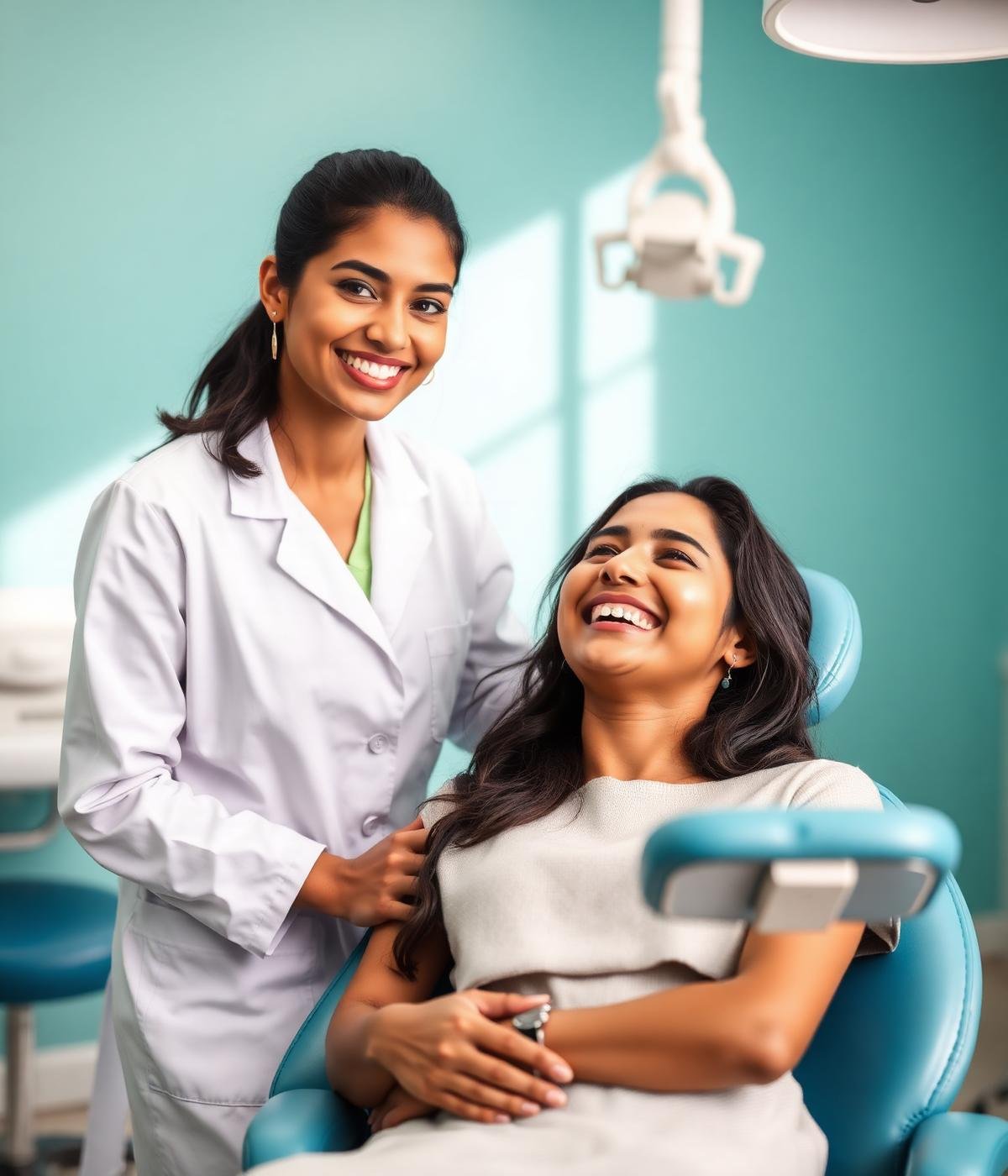 Dentist at Hubli Dental Care smiling with a happy patient in a modern treatment room
